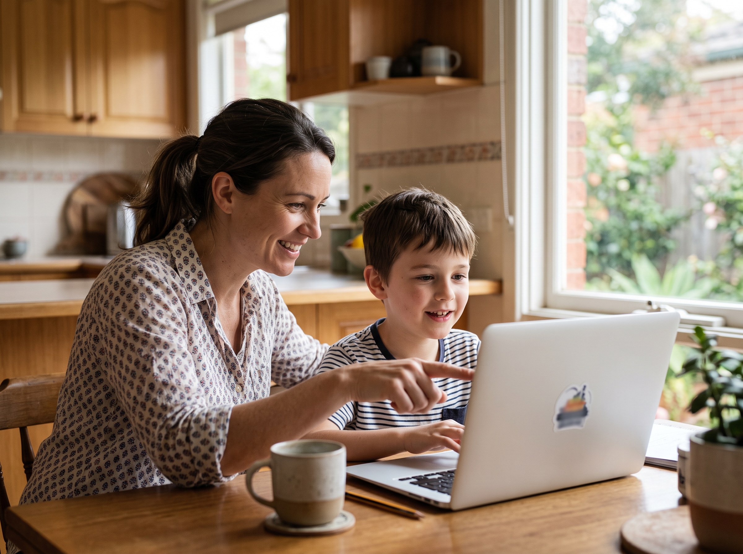 A mum sitting beside her young son at a laptop on the kitchen table, pointing at the screen as they both smile
